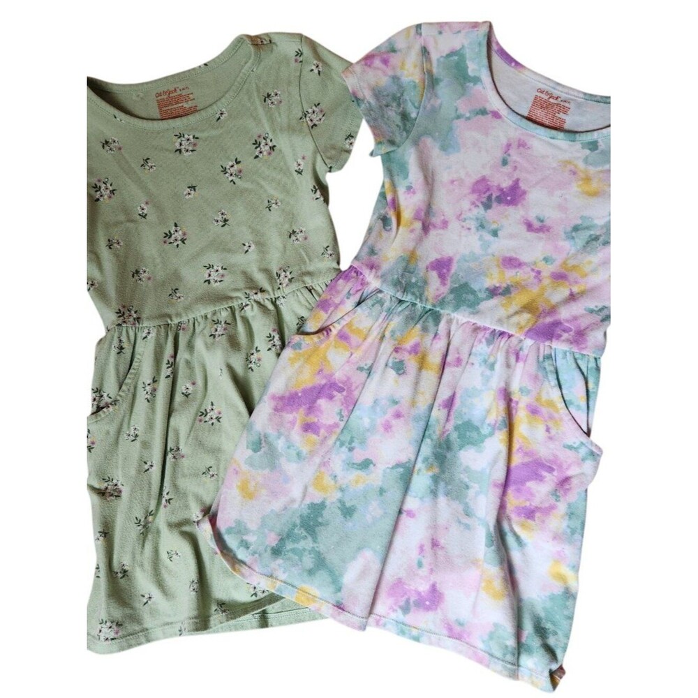 Cat & Jack Girls' Short Sleeve Dresses Pockets Size S 6/7 Green Floral Tie Die
